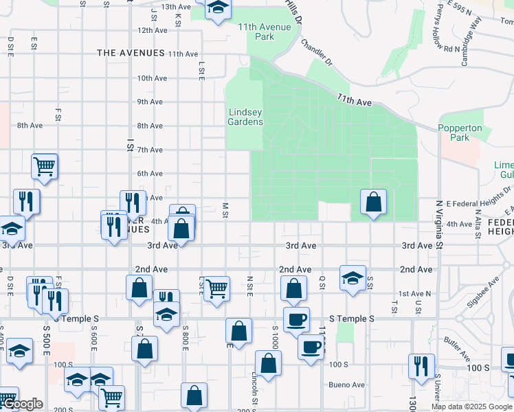 map of restaurants, bars, coffee shops, grocery stores, and more near 210 N Street East in Salt Lake City