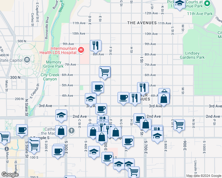 map of restaurants, bars, coffee shops, grocery stores, and more near 213 F Street East in Salt Lake City