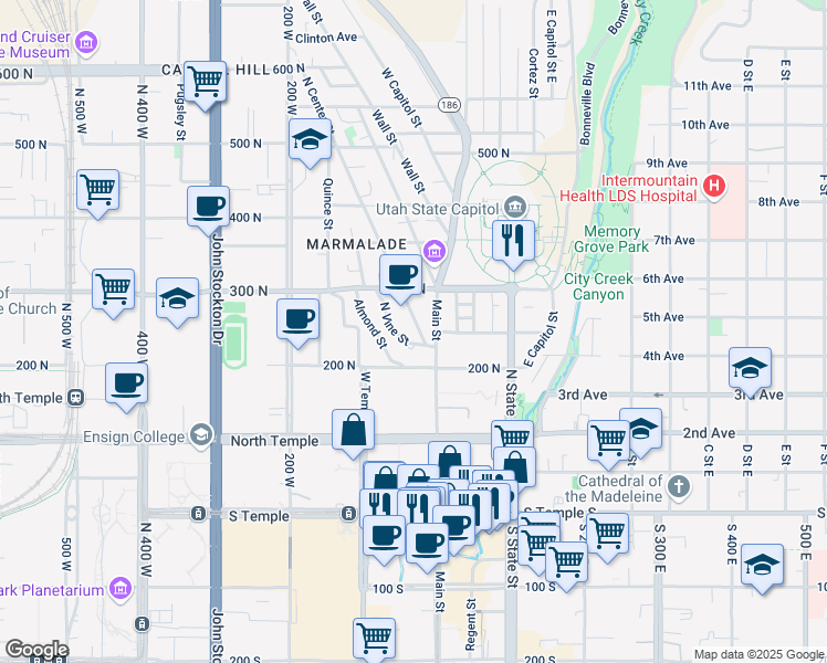 map of restaurants, bars, coffee shops, grocery stores, and more near 240 North Vine Street in Salt Lake City