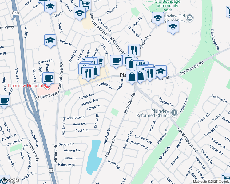 map of restaurants, bars, coffee shops, grocery stores, and more near 4 Helen Avenue in Plainview