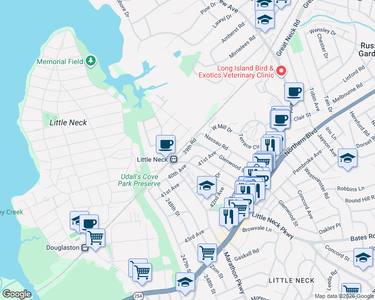 map of restaurants, bars, coffee shops, grocery stores, and more near 254-21 40th Avenue in Queens
