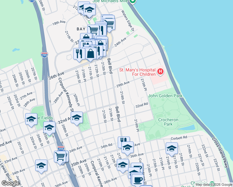map of restaurants, bars, coffee shops, grocery stores, and more near 29-29 Bell Boulevard in Queens