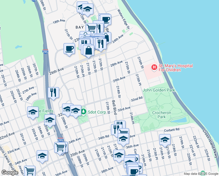 map of restaurants, bars, coffee shops, grocery stores, and more near 29-22 213th Street in Queens