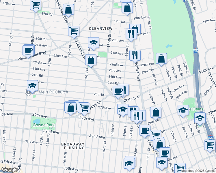 map of restaurants, bars, coffee shops, grocery stores, and more near 166-31 25th Avenue in Queens