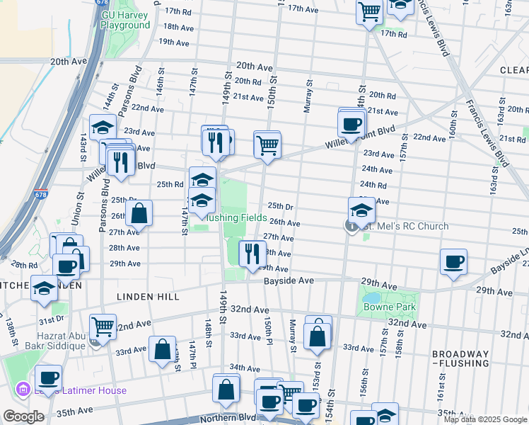 map of restaurants, bars, coffee shops, grocery stores, and more near 25-47 150th Street in Queens