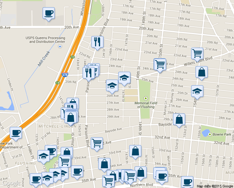 map of restaurants, bars, coffee shops, grocery stores, and more near 146-22 26th Avenue in Queens