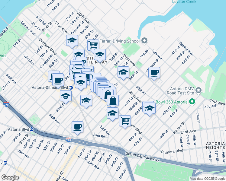 map of restaurants, bars, coffee shops, grocery stores, and more near 21-51 37th Street in Queens