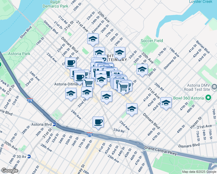 map of restaurants, bars, coffee shops, grocery stores, and more near 33-12 Ditmars Boulevard in Queens