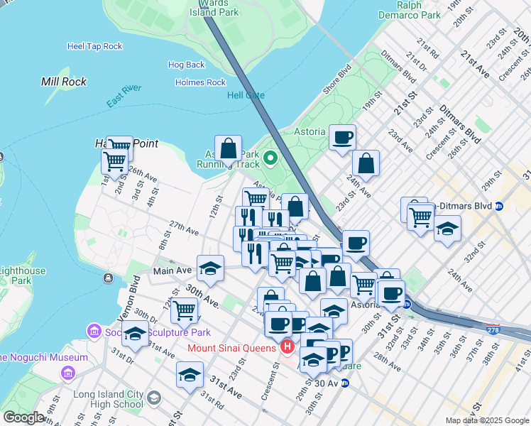 map of restaurants, bars, coffee shops, grocery stores, and more near 18-16 25th Road in Queens