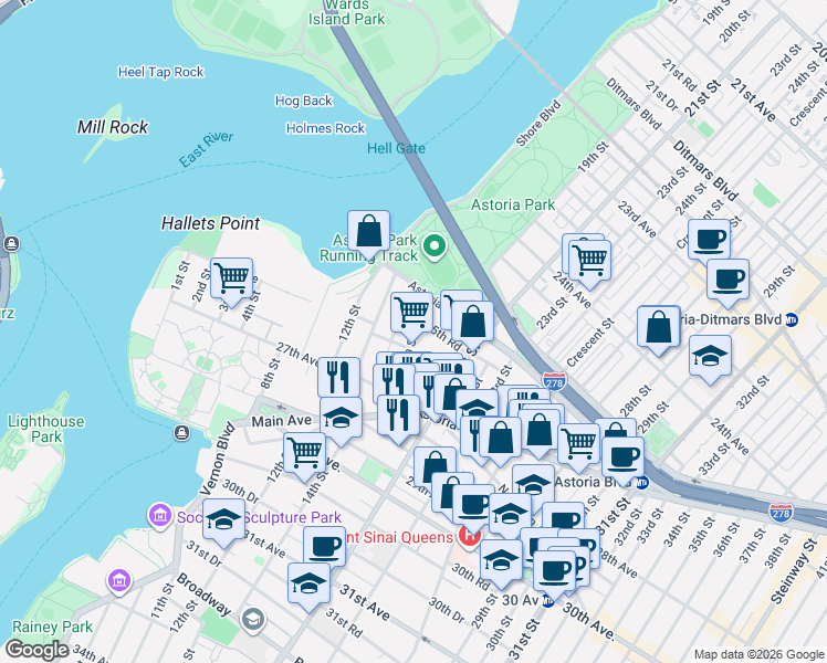 map of restaurants, bars, coffee shops, grocery stores, and more near 18-16 25th Road in Queens