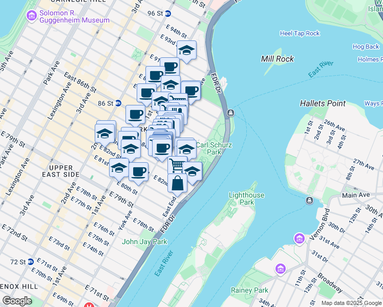 map of restaurants, bars, coffee shops, grocery stores, and more near 120 East End Avenue in New York
