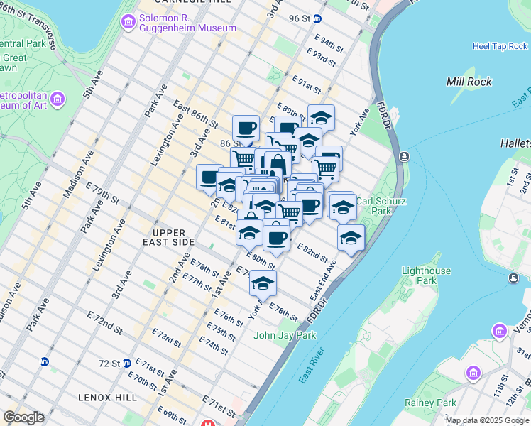map of restaurants, bars, coffee shops, grocery stores, and more near 408 East 82nd Street in New York