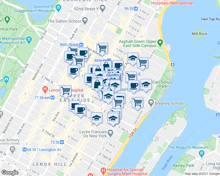 map of restaurants, bars, coffee shops, grocery stores, and more near 353 East 82nd Street in New York