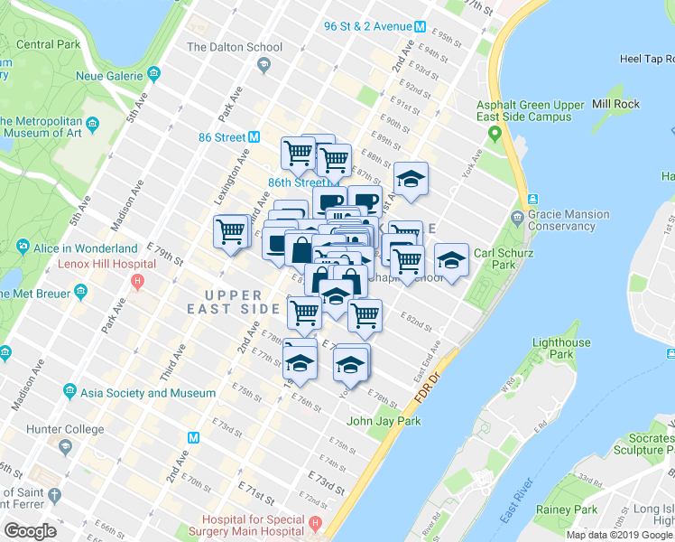 map of restaurants, bars, coffee shops, grocery stores, and more near 1569 1st Avenue in New York