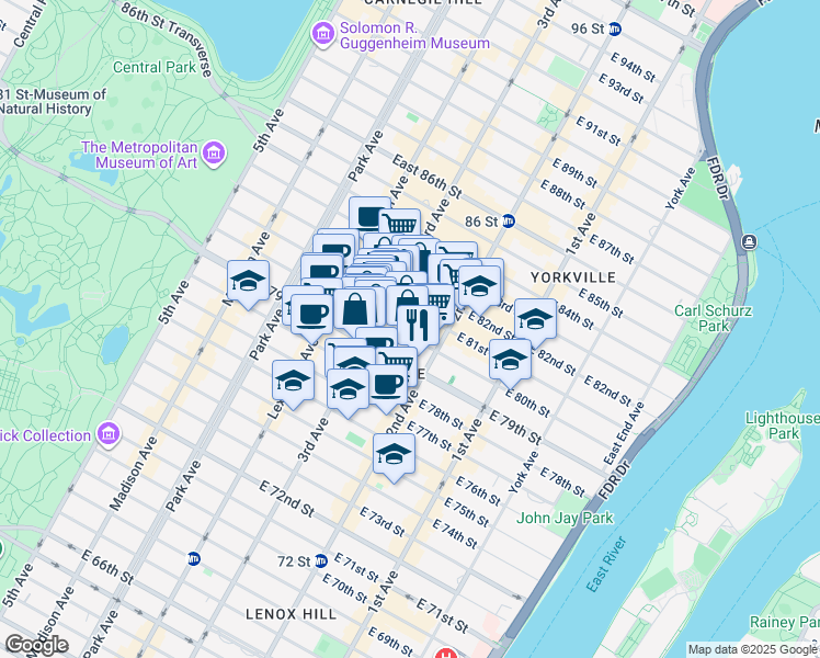 map of restaurants, bars, coffee shops, grocery stores, and more near 222 East 80th Street in New York