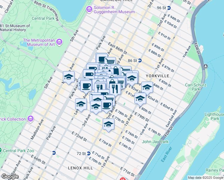 map of restaurants, bars, coffee shops, grocery stores, and more near 222 East 80th Street in New York