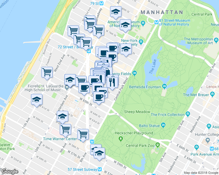 map of restaurants, bars, coffee shops, grocery stores, and more near 24 West 69th Street in New York