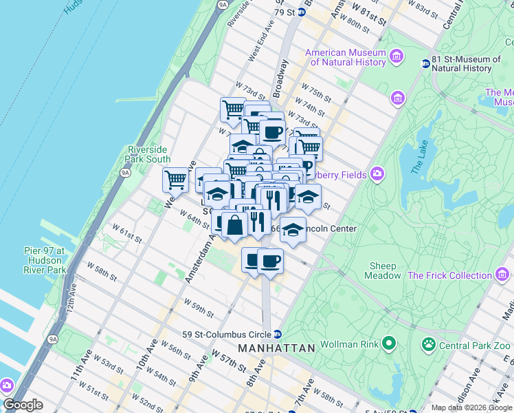 map of restaurants, bars, coffee shops, grocery stores, and more near 1991 Broadway in New York