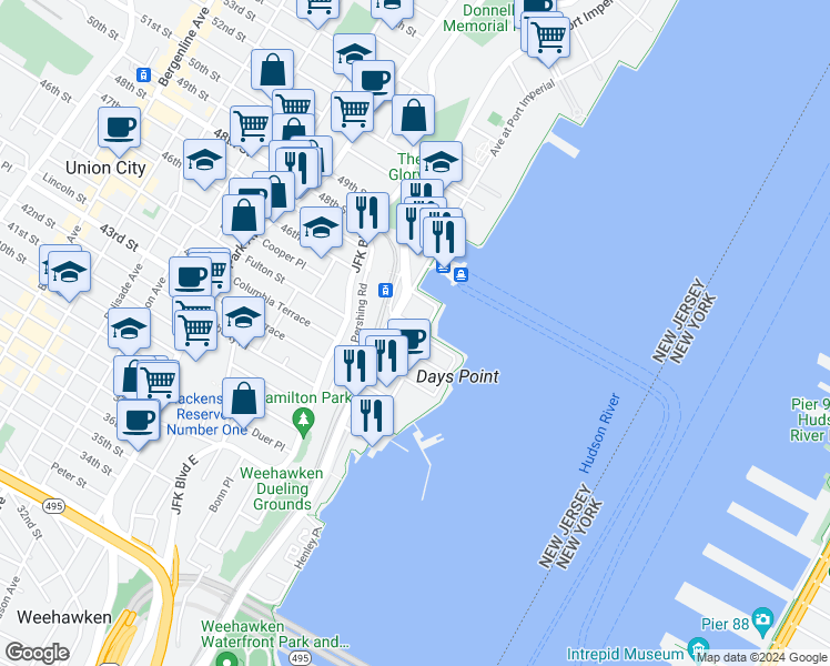 map of restaurants, bars, coffee shops, grocery stores, and more near 900 Avenue at Port Imperial in Weehawken