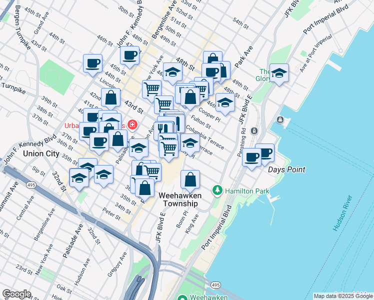 map of restaurants, bars, coffee shops, grocery stores, and more near 71 Liberty Place in Weehawken