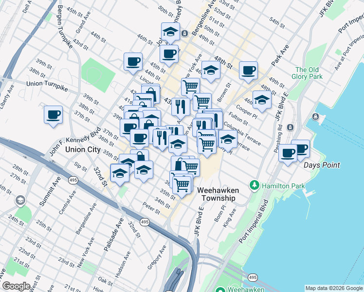 map of restaurants, bars, coffee shops, grocery stores, and more near 125 40th Street in Union City