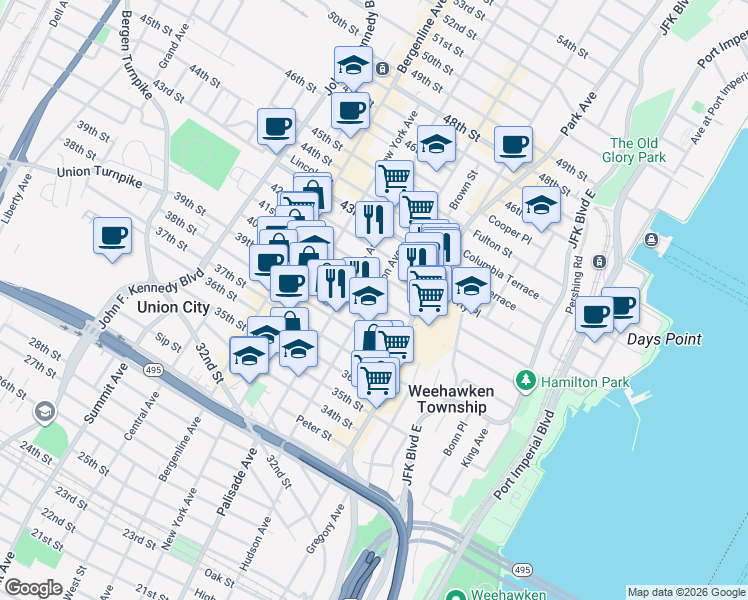 map of restaurants, bars, coffee shops, grocery stores, and more near 125 40th Street in Union City