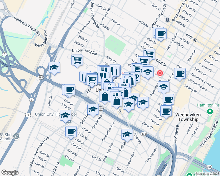 map of restaurants, bars, coffee shops, grocery stores, and more near in Union City