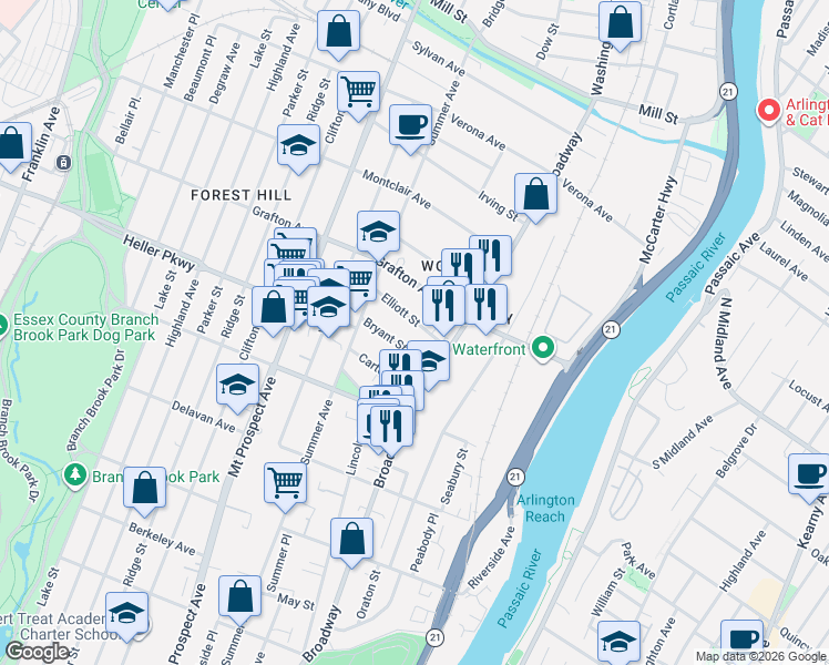 map of restaurants, bars, coffee shops, grocery stores, and more near 25-29 Bryant Street in Newark