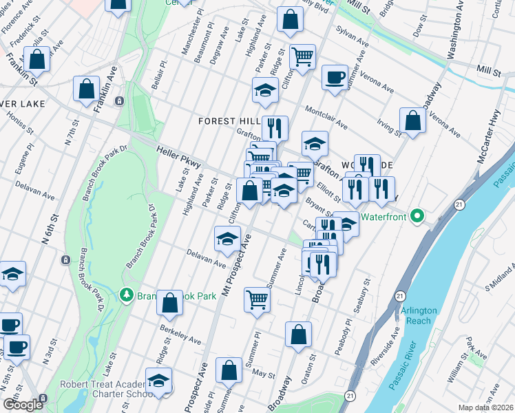 map of restaurants, bars, coffee shops, grocery stores, and more near 659 Mount Prospect Avenue in Newark