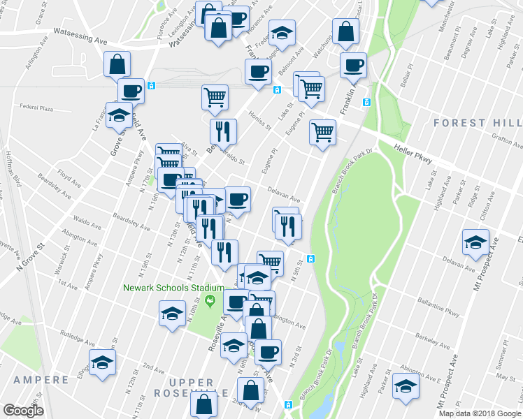 map of restaurants, bars, coffee shops, grocery stores, and more near 677 North 8th Street in Newark