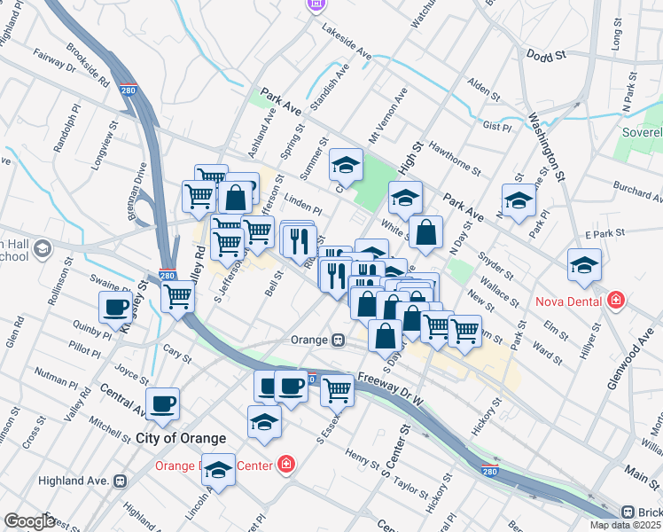 map of restaurants, bars, coffee shops, grocery stores, and more near 19 High Street in City of Orange