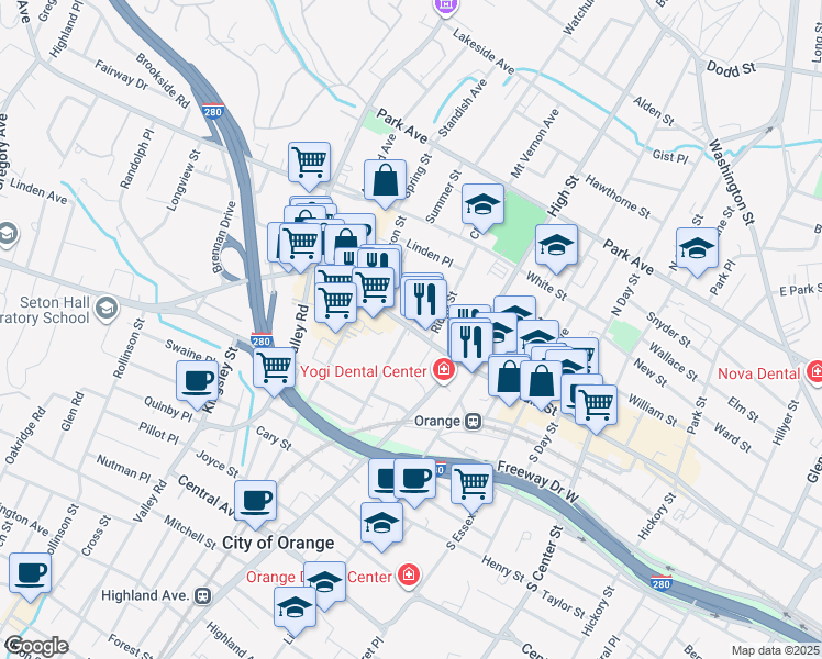 map of restaurants, bars, coffee shops, grocery stores, and more near 463 Main Street in City of Orange