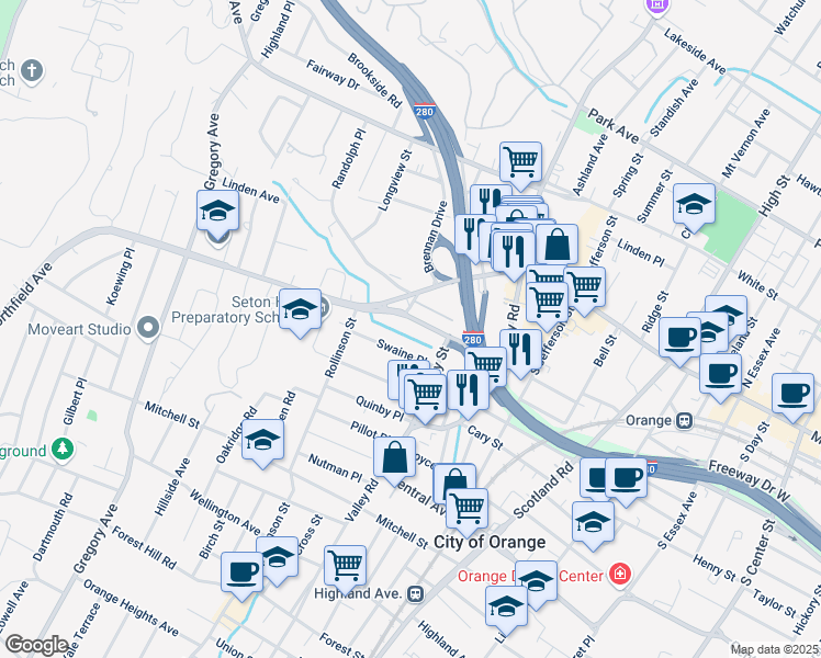 map of restaurants, bars, coffee shops, grocery stores, and more near 25 Swaine Place in West Orange