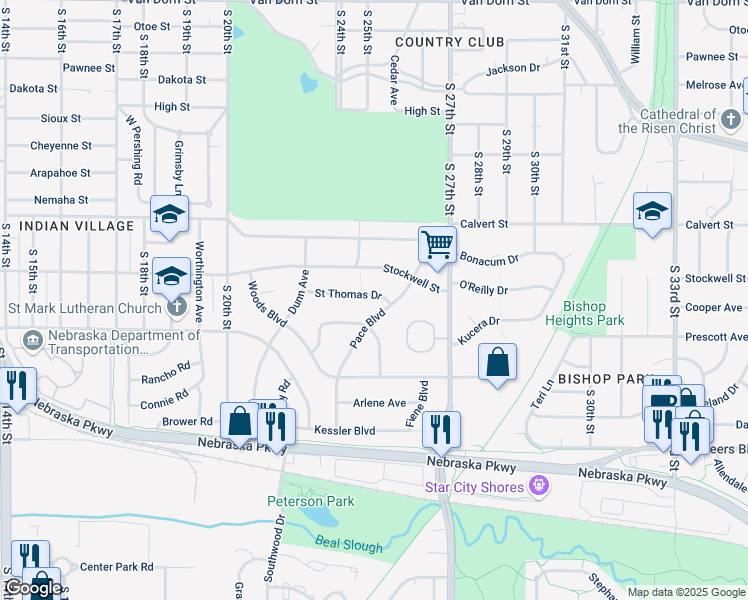 map of restaurants, bars, coffee shops, grocery stores, and more near 2535 Saint Thomas Drive in Lincoln