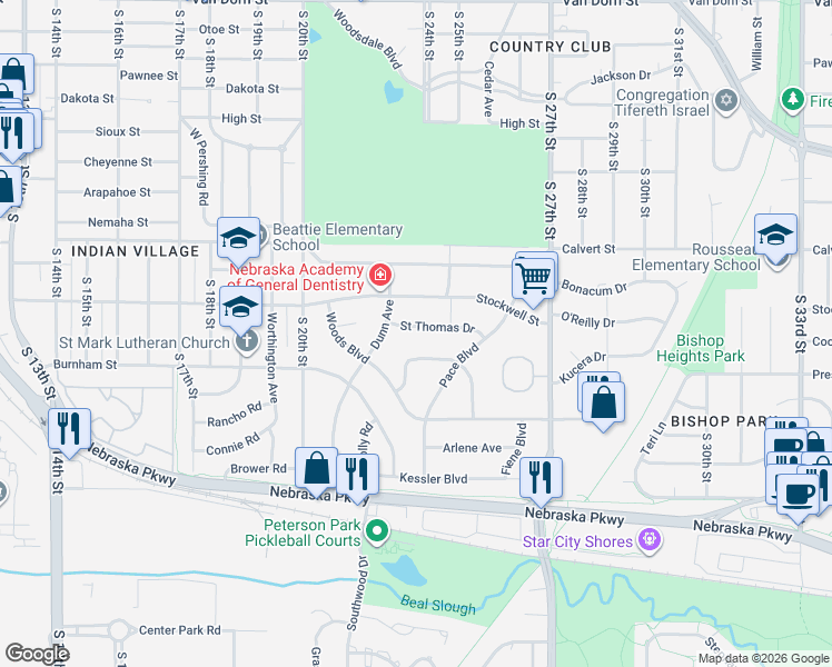 map of restaurants, bars, coffee shops, grocery stores, and more near 2411 Saint Thomas Drive in Lincoln