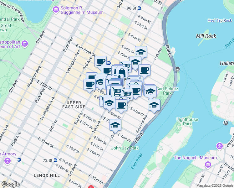 map of restaurants, bars, coffee shops, grocery stores, and more near 1592 1st Avenue in New York