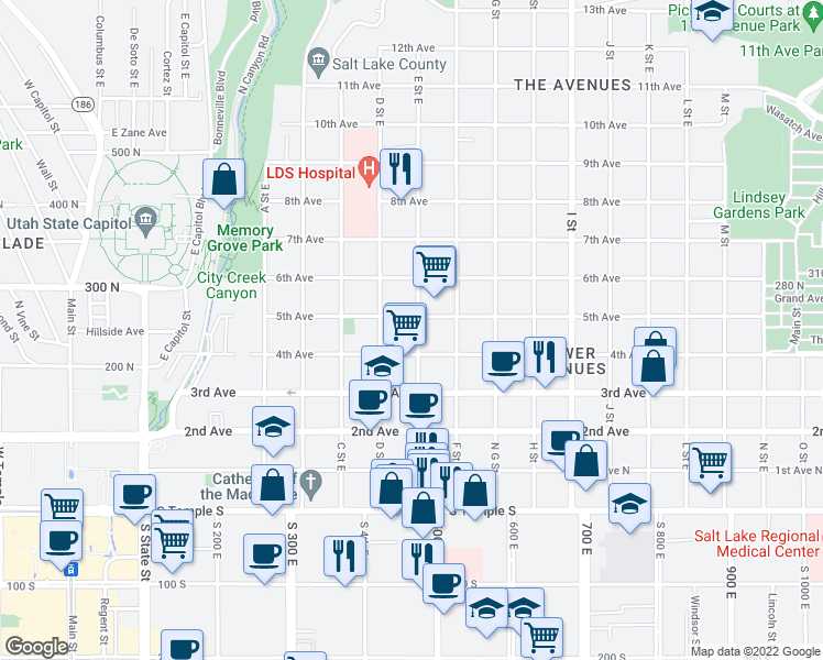map of restaurants, bars, coffee shops, grocery stores, and more near 229 E Street in Salt Lake City