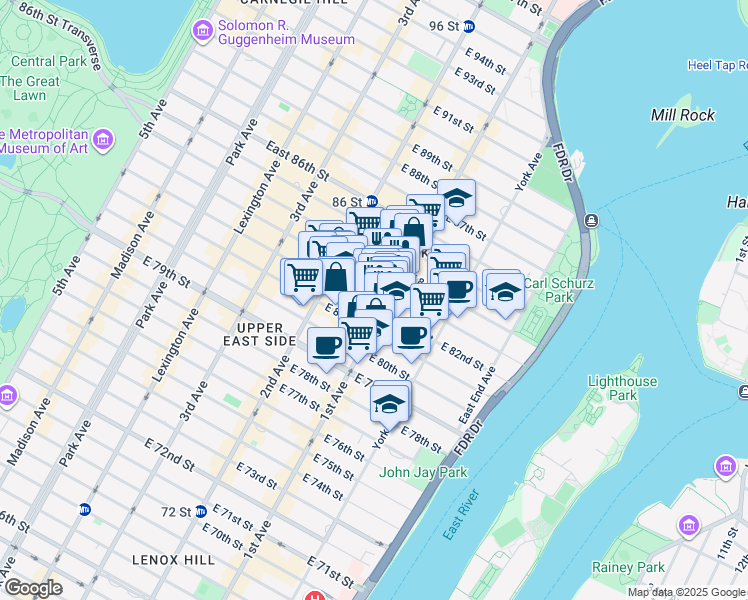map of restaurants, bars, coffee shops, grocery stores, and more near 351 East 82nd Street in New York