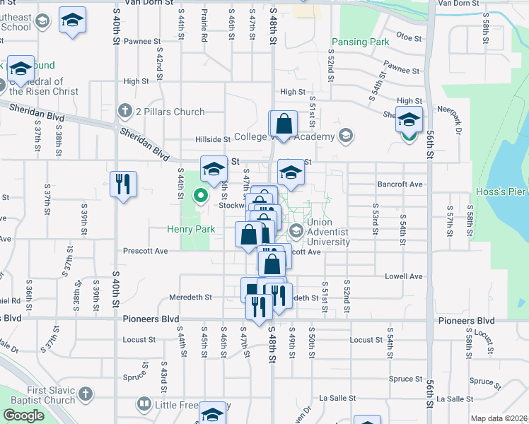 map of restaurants, bars, coffee shops, grocery stores, and more near 3833 South 48th Street in Lincoln