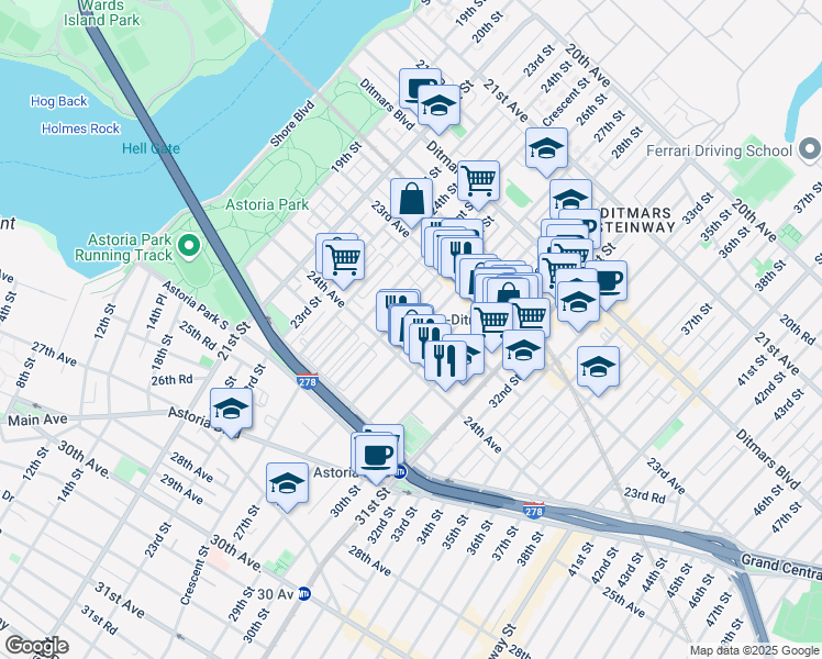 map of restaurants, bars, coffee shops, grocery stores, and more near 23-71 27th Street in Queens