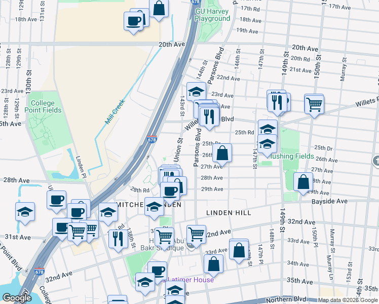 map of restaurants, bars, coffee shops, grocery stores, and more near 142-20 26th Avenue in Queens