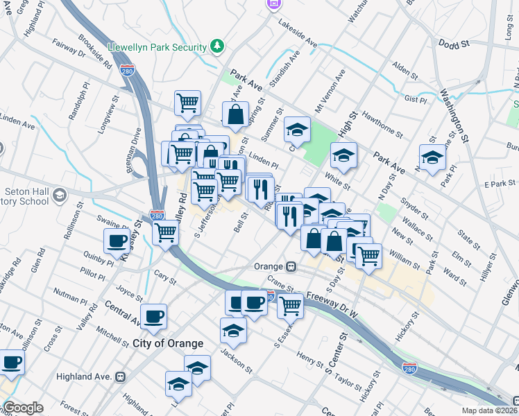 map of restaurants, bars, coffee shops, grocery stores, and more near 463 Main Street in City of Orange