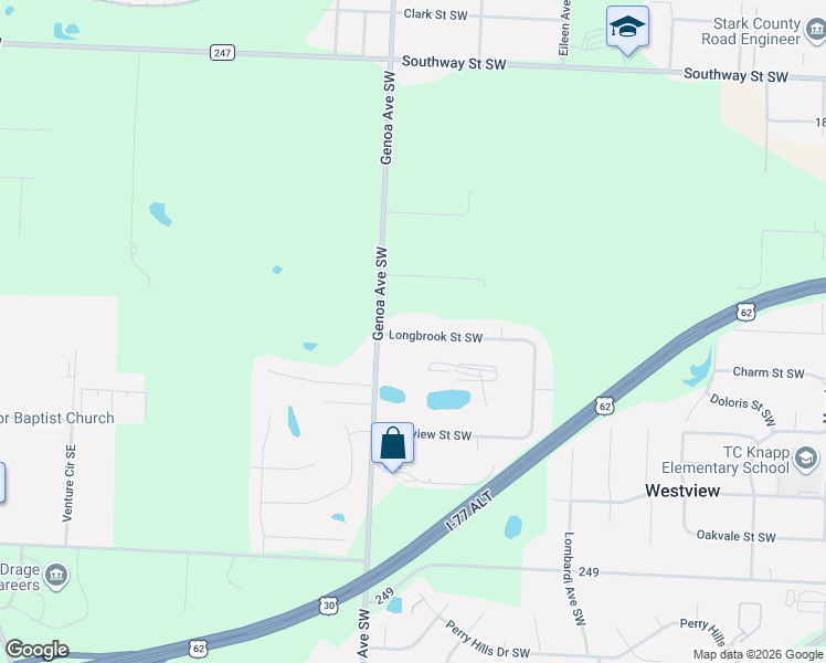 map of restaurants, bars, coffee shops, grocery stores, and more near 5960 Longbrook Street Southwest in Massillon