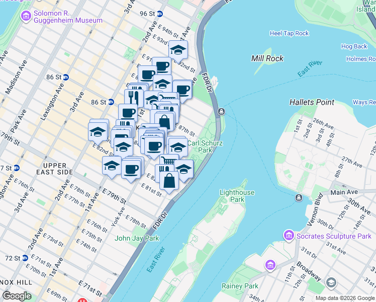 map of restaurants, bars, coffee shops, grocery stores, and more near 130 East End Avenue in New York