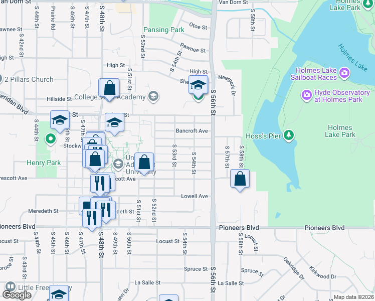 map of restaurants, bars, coffee shops, grocery stores, and more near 5345 Stockwell Street in Lincoln