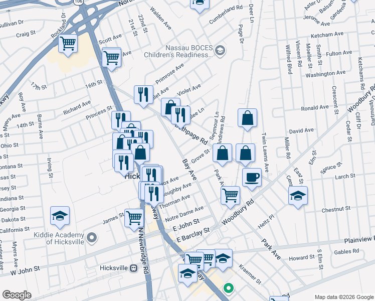 map of restaurants, bars, coffee shops, grocery stores, and more near 11 Prospect Street in Hicksville