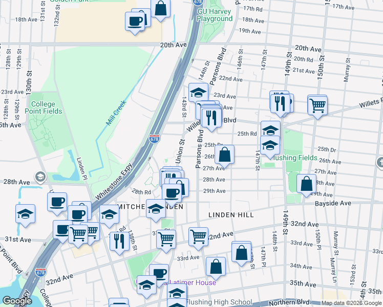 map of restaurants, bars, coffee shops, grocery stores, and more near 142-20 26th Avenue in Queens