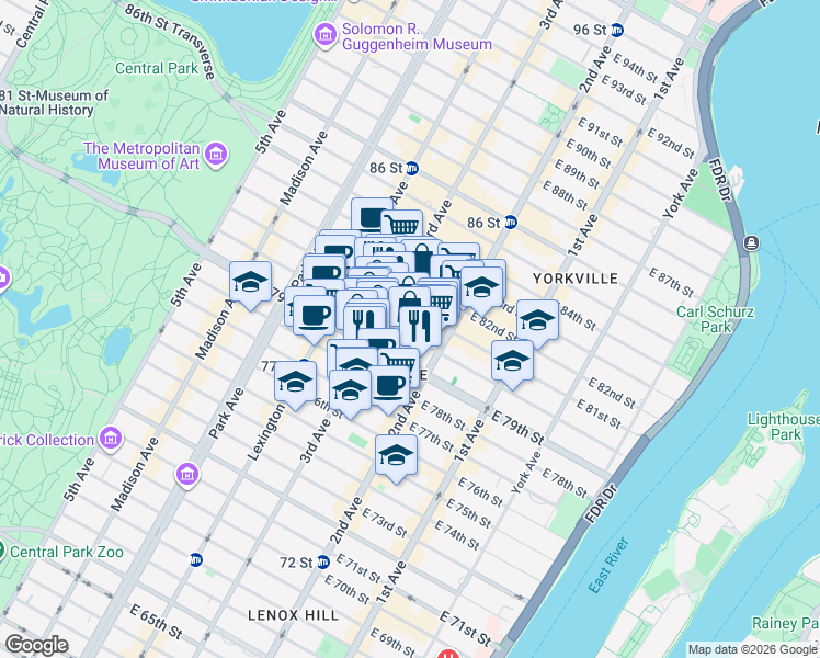 map of restaurants, bars, coffee shops, grocery stores, and more near 223 East 80th Street in New York