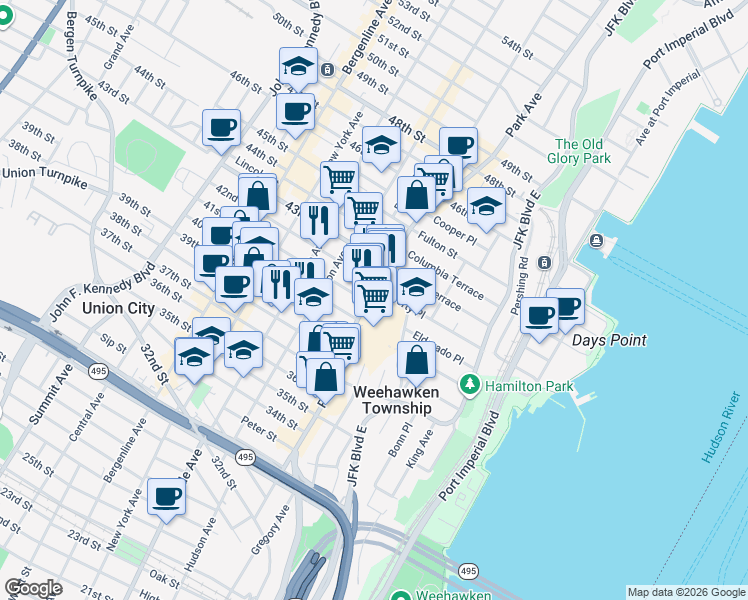 map of restaurants, bars, coffee shops, grocery stores, and more near 4098 Park Avenue in Weehawken