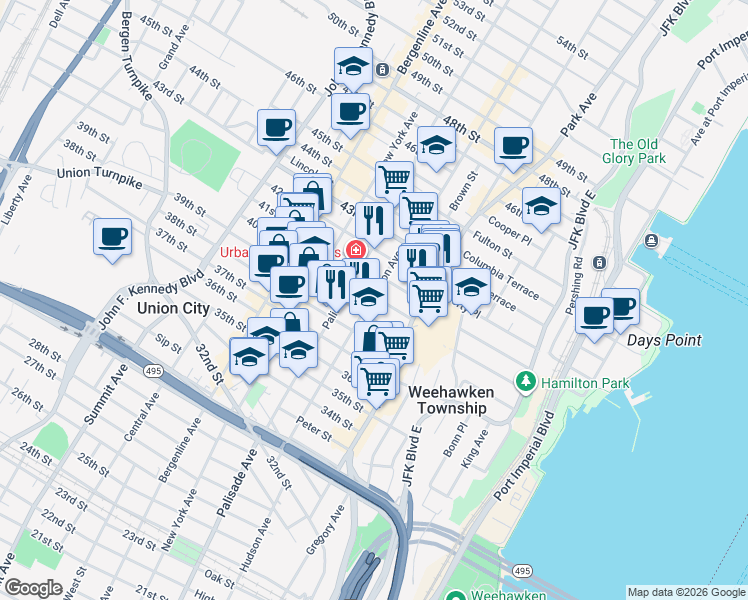 map of restaurants, bars, coffee shops, grocery stores, and more near 125 40th Street in Union City